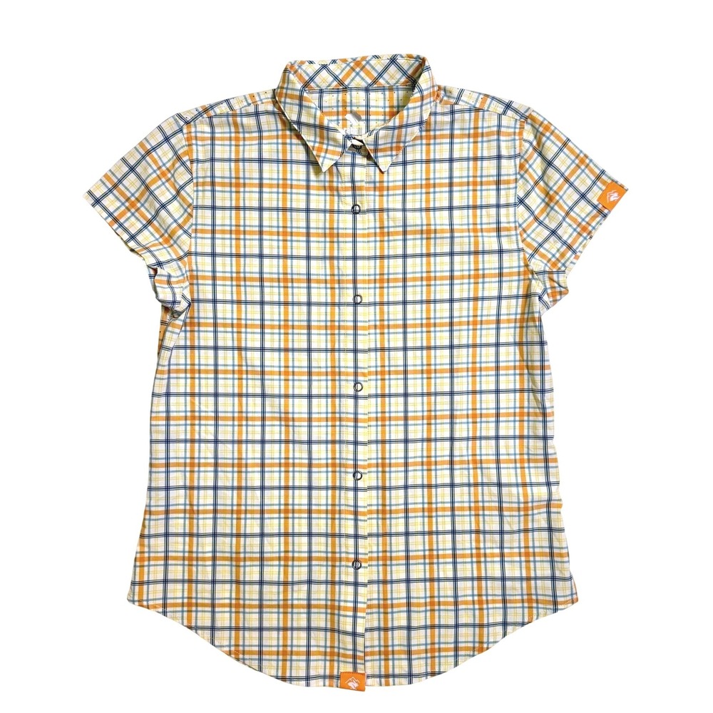 Rabbit Low Tide Button-Down Small Short Sleeve Shirt Orange Plaid Performance